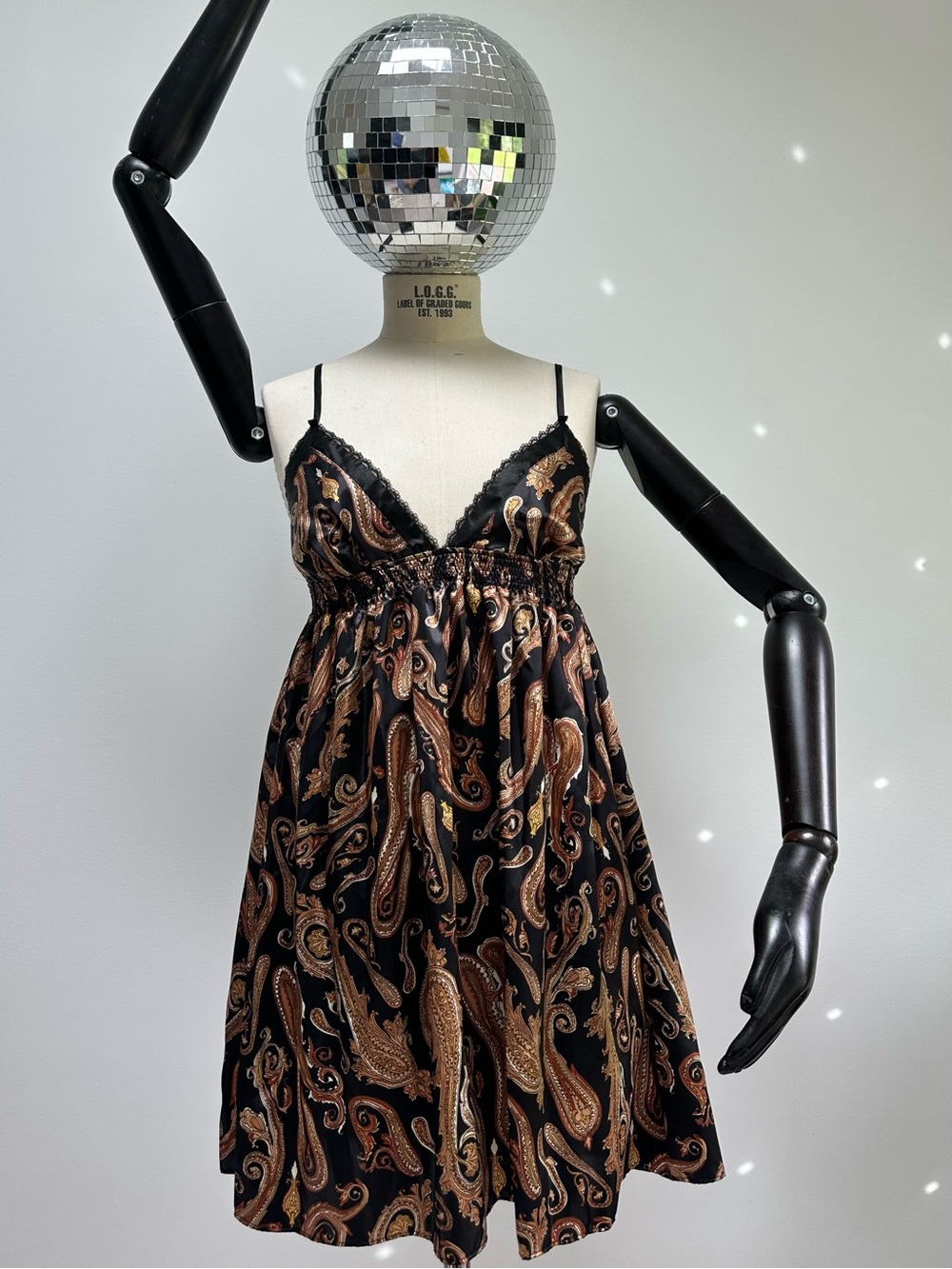 Y2K Black & Copper Paisley Satin Slip Dress
